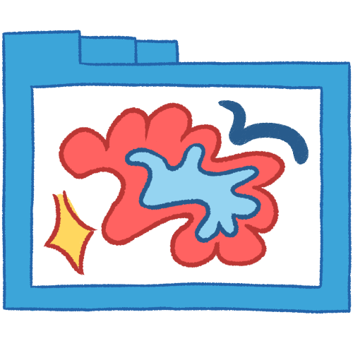  A hollow blue folder with thin lineart. It contains a wavy, vaguely cloud-like shape, with a pink outer layer and a light blue inner layer. There is a four-pointed star with a loose dark pink lineart in the bottom left corner, and a short dark blue bumpy line in the top right. 
